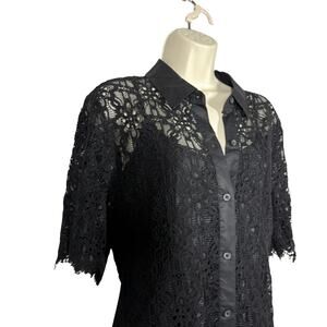 Vintage Y2K DKNY Lace Shirt Dress Black Casual Modest Elbow Sleeve Slip Lined L